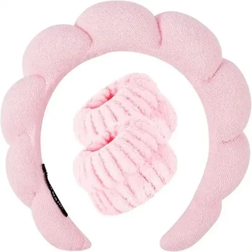 Diadema y Muñequeras para Skincare rosa